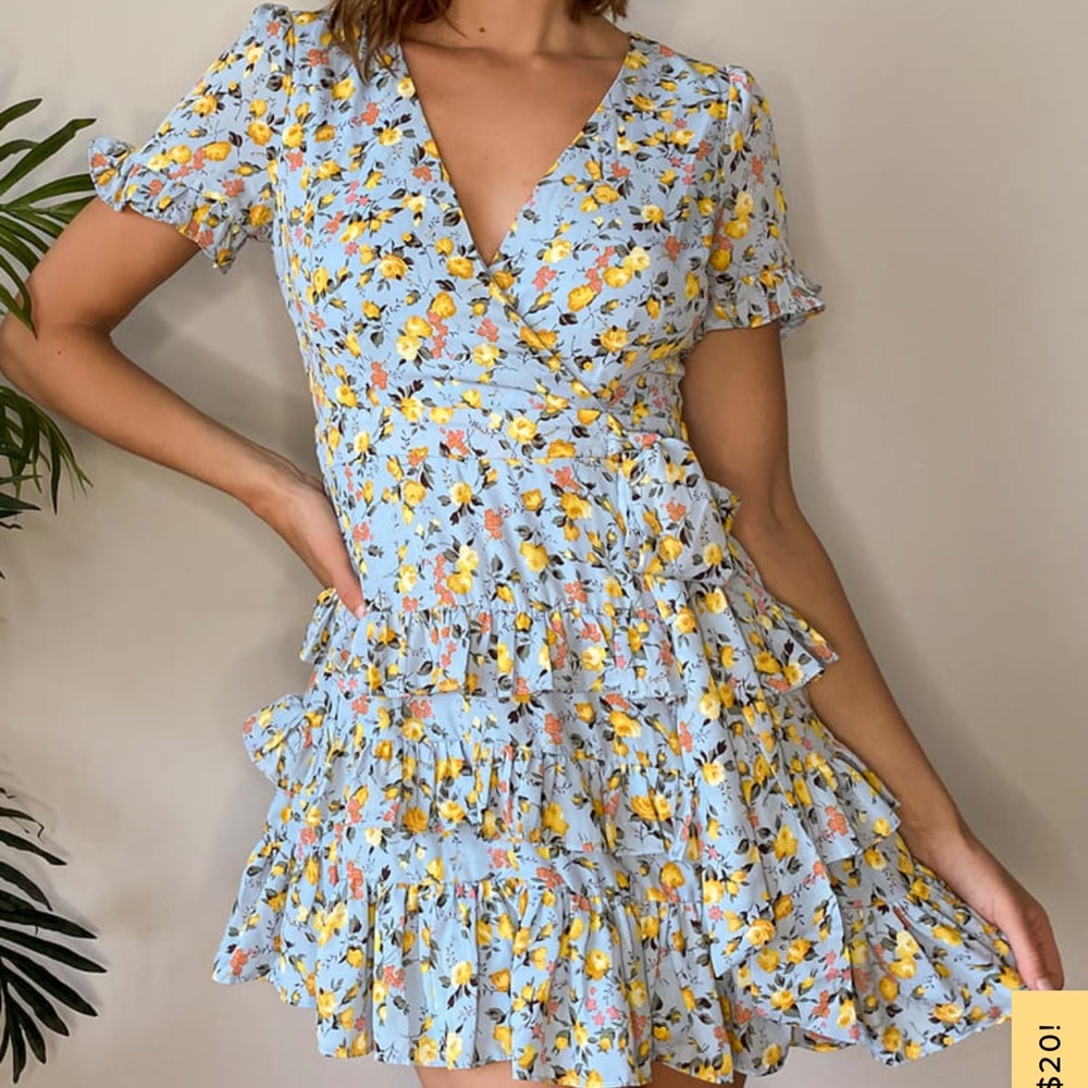 Feeling butterflies light blue floral tiered ruffle mini dress